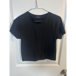 Splash Womens Short Sleeve Ribbed Knit Crop Top Black Large